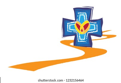 Marriage preparation course christian symbol - a path to wedding, with a cross, wedding rings and a heart