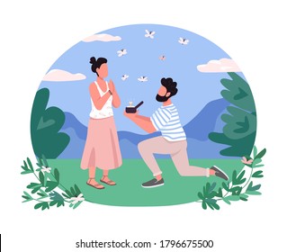 Marriage proposal 2D vector web banner, poster. Man on one knee present diamond ring. Romantic couple flat characters on cartoon background. Engagement printable patch, colorful web element