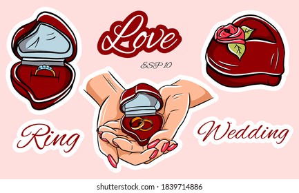 Marriage proposal. Betrothal. Engagement ring. Wedding rings. Heart shaped ring box. Vector set of stickers.