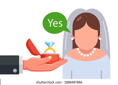 marriage proposal to the bride in a wedding dress. flat vector character illustration.