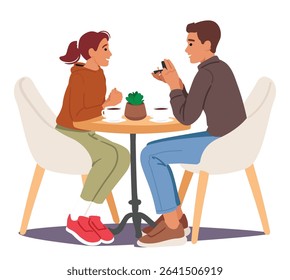 Marriage proposal in cafe during romantic dating cartoon scene with young people loving couple. Boyfriend giving box with engagement ring to his girlfriend asking to marry him vector illustration