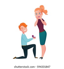 Marriage proposal cartoon characters scene with kneeling man with engagement ring and happy young woman vector illustration