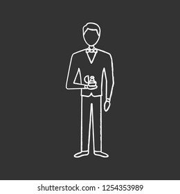 Marriage proposal chalk icon. Man holding box with ring. Fiance, bridegroom. Engagement. Offer of marriage. Wedding. Isolated vector chalkboard illustration