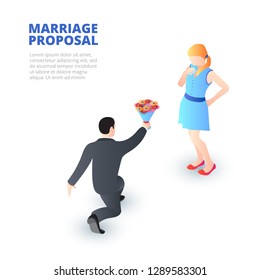 Marriage Proposal Concept With Kneeling Man And A Happy Girl. Isometric Vector Illustration.