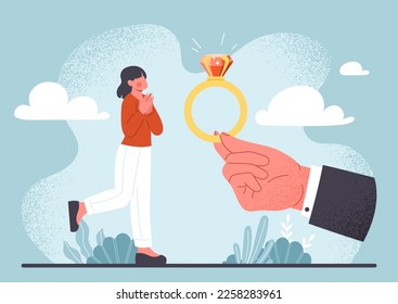 Marriage proposal concept. Male hand in suit holds out gold ring with diamond to woman. Bride and groom, young and happy couple. Wedding ceremony and jewerly. Cartoon flat vector illustration