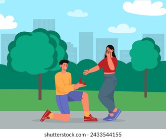 Marriage proposal concept. Man give ring with diamond to woman. Romantic meeting and date. Love and romance, care. Engagement, bride with groom at street. Cartoon flat vector illustration