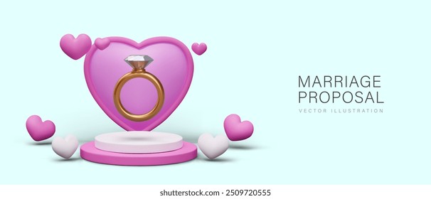 Marriage proposal concept in realistic style. Elegant scene with pink heart, engagement ring