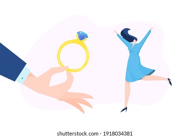 Marriage proposal concept, romantic love, gold ring with large diamond, engagement gift, design cartoon style vector illustration. Wedding dream, marriage contract, happy woman ready to get married.