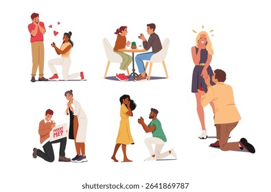 Marriage proposal and engagement cartoon scene set with cute romantic couples characters isolated on white background. Lover presenting jewellery ring for friend proposing to marry vector illustration