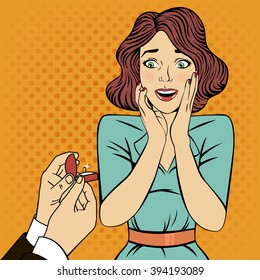 Marriage Proposal Engagement. Surprised Woman. Pop Art. Wedding Greeting Card. Love Confession. Vector illustration