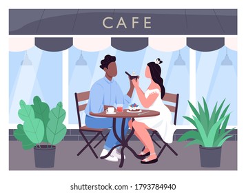 Marriage proposal flat color vector illustration. Romantic dinner date. Man propose to woman with diamond ring. Multiethnic couple 2D cartoon characters with cafe storefront on background