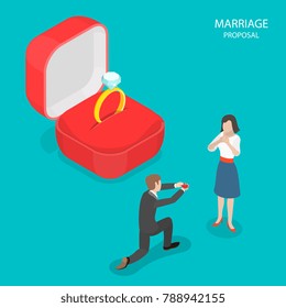 Marriage proposal flat isometric vector. Man with a ring in his hands is standing on his knee in front of a girl. In the scene background is a huge red box and a ring with diamond inside it.