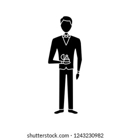 Marriage proposal glyph icon. Man holding box with ring. Fiance, bridegroom. Engagement. Offer of marriage. Wedding. Silhouette symbol. Negative space. Vector isolated illustration