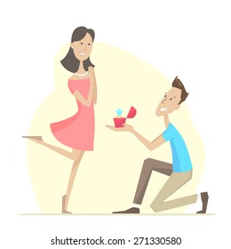 A marriage proposal. Happy young couple. Flat design. Vector illustration.