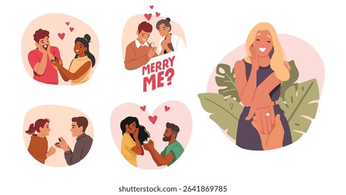 Marriage proposal idyllic cartoon scene set with happy excited young people feeling love romantic emotions. Lovers giving engagement ring, showcasing surprise and shy expression vector illustration