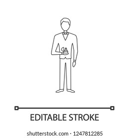 Marriage proposal linear icon. Thin line illustration. Man holding box with ring. Fiance, bridegroom. Engagement. Offer of marriage. Wedding. Contour vector isolated outline drawing. Editable stroke