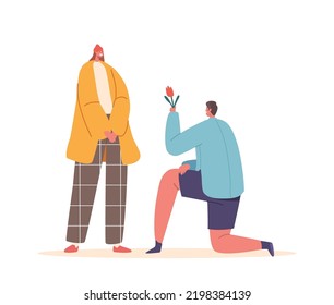 Marriage Proposal, Love, Human Relation Concept. Boyfriend Standing on Knee Giving Flower to Cute Surprised Girl. Couple Dating, Man Asking Girlfriend to Marry him. Cartoon Vector Illustration