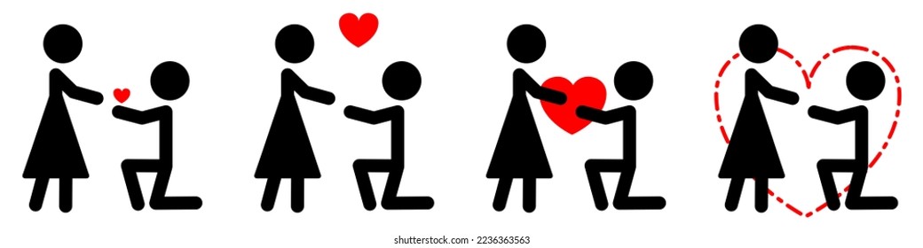 Marriage Proposal of Lover. Man love woman. Guy makes girl an offer. Get married, Kneeling Boy gives a ring to a Female. Giving Engagement Ring. Will you marry me. Set of Icon Illustration for Wedding