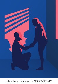 Marriage proposal. Lovers silhouette at window. Home self-isolation