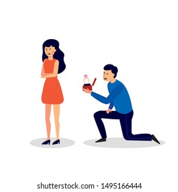 Marriage proposal. A man kneels and hands the engagement ring to the girl. The young woman rejects the offer. End of relationship. Wedding refusal Vector illustration