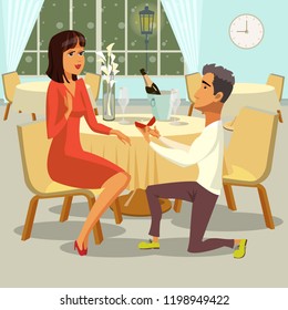 Marriage Proposal. Man makes Marriage Proposal Woman in Restaurant and gives Ring. Happy Couple getting ready for Wedding. Bride and Groom Celebrate Engagement. Vector Flat Illustration.