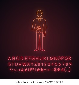 Marriage proposal neon light icon. Man holding box with ring. Fiance, bridegroom. Engagement. Offer of marriage. Wedding. Glowing alphabet, numbers and symbols. Vector isolated illustration