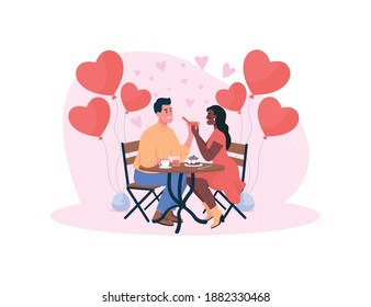Marriage proposal on romantic dinner flat concept vector illustration. Lovers engagement. Celebrate relationship. Happy smiling couple 2D cartoon characters for web design. Valentine day creative idea
