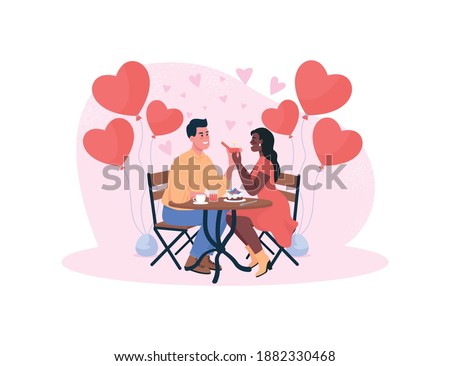 Marriage proposal on romantic dinner flat concept vector illustration. Lovers engagement. Celebrate relationship. Happy smiling couple 2D cartoon characters for web design. Valentine day creative idea