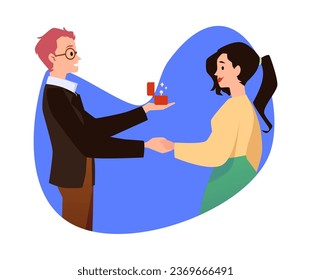 Marriage proposal. Romantic man proposing to beautiful brunette woman with jewelry diamond ring in red box. Vector cartoon illustration boyfriend and girlfriend having engagement love relationship