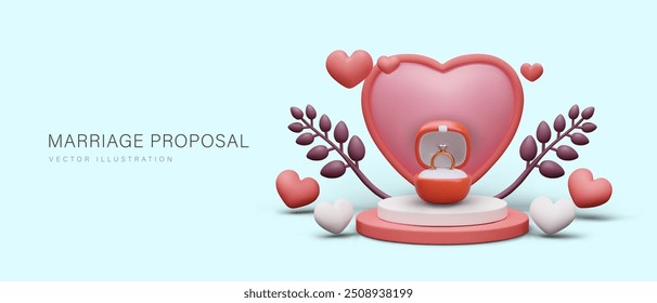 Marriage proposal. Romantic scene with huge heart, open box with diamond engagement ring