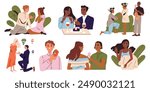 Marriage proposal. Set of scenes with happy men holding engagement ring box. Marry me and be my wife. Couples in love on romantic date. Flat vector illustration collection isolated on white background