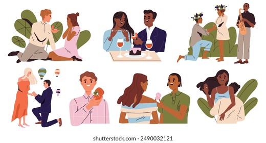 Proposición de matrimonio. Conjunto de escenas con hombres felices sosteniendo la caja del anillo de compromiso. Cásate conmigo y sé mi esposa. Parejas enamoradas en una cita romántica. Colección de Ilustración vectorial plana aislada sobre fondo blanco