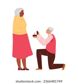 Marriage proposal surprise, old couple. Romantic pensioners man stands on knee proposing to woman with engagement ring. Vector gray-haired boyfriend and girlfriend having proposal love relationship