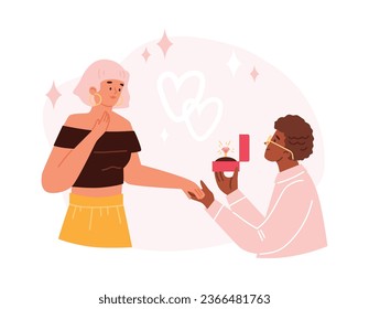Marriage proposal surprise. Romantic man stands on knee proposing to beloved woman with engagement ring. Boyfriend and girlfriend having amore relationship vector cartoon on decorative hearts