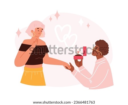 Marriage proposal surprise. Romantic man stands on knee proposing to beloved woman with engagement ring. Boyfriend and girlfriend having amore relationship vector cartoon on decorative hearts