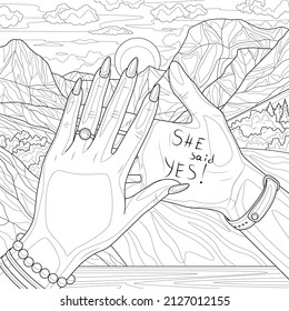 Marriage proposal.
Two hands on the background of mountains.Coloring book antistress for children and adults. Illustration isolated on white background.Zen-tangle style. Hand draw