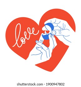 A marriage proposal. Valentine's Day, Women's Day birthday holiday concept. Men's hand holds a jewelry box with a wedding ring with a big heart. Wedding concept. Isolated vector illustration flat.