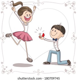 Marriage Proposal Vector Cartoon - Vector cartoon of a cute young man proposing to a very happy bride-to-be.  