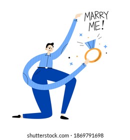 Marriage proposal, vector flat design illustration. Man is holding a wedding ring with a diamond. Hand lettering marry me.  wedding invitation, valentine 