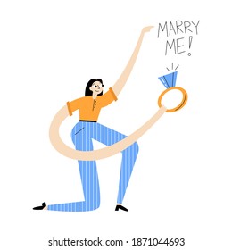 Marriage proposal, vector flat design illustration. Woman is holding a wedding ring with a diamond. Hand lettering marry me.  wedding invitation, valentine