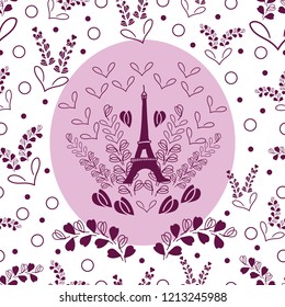Marriage Proposal-Love in Parise Seamless Repeat Pattern illustration Background with Eiffel Tower, Modern Hearts and Lavender Flowers in pink Burgundy and white .Delicate Pattern Background. 
