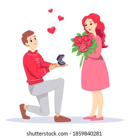 A marriage proposal.Loving couple.
Man proposes a woman to marry him and gives an engagement ring and flowers.
Flat vector illustration.
Isolated on white background.