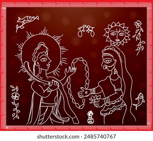 marriage of Ram and Sita, an event from the epic Ramayana, is a popular theme in Madhubani art