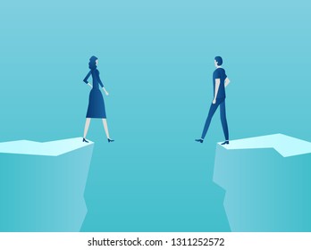Marriage, relationship problems concept. Vector of a couple man and woman standing at the edge of the abyss 