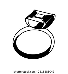 Marriage ring silhouette with big diamond, black outline icon. Cartoon simple doodle ring, wedding brand logo design element.