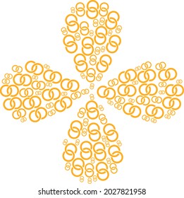 Marriage rings curl flower with four petals. Element flower with 4 petals combined from oriented marriage rings items. Vector flower collage in flat style.