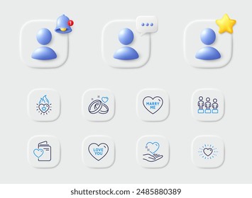 Marriage rings, Marry me and Hold heart line icons. Placeholder with 3d star, reminder bell, chat. Pack of Equality, Heart, Love document icon. Love you pictogram. For web app, printing. Vector