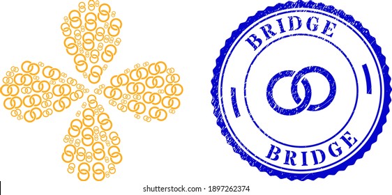 Marriage rings twirl abstract flower, and blue round BRIDGE rough stamp print with icon inside. Object centrifugal explosion combined from oriented marriage rings symbols.