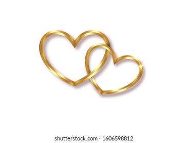 Marriage rings. Two golden interlocking hearts isolate on transparent or white background. 3d vector illustration happy valentine's day concept 