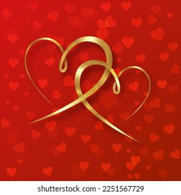 Marriage rings. Two golden interlocking hearts isolate on red background. Happy valentines day concept, 3d vector illustration, copy space luxury banner